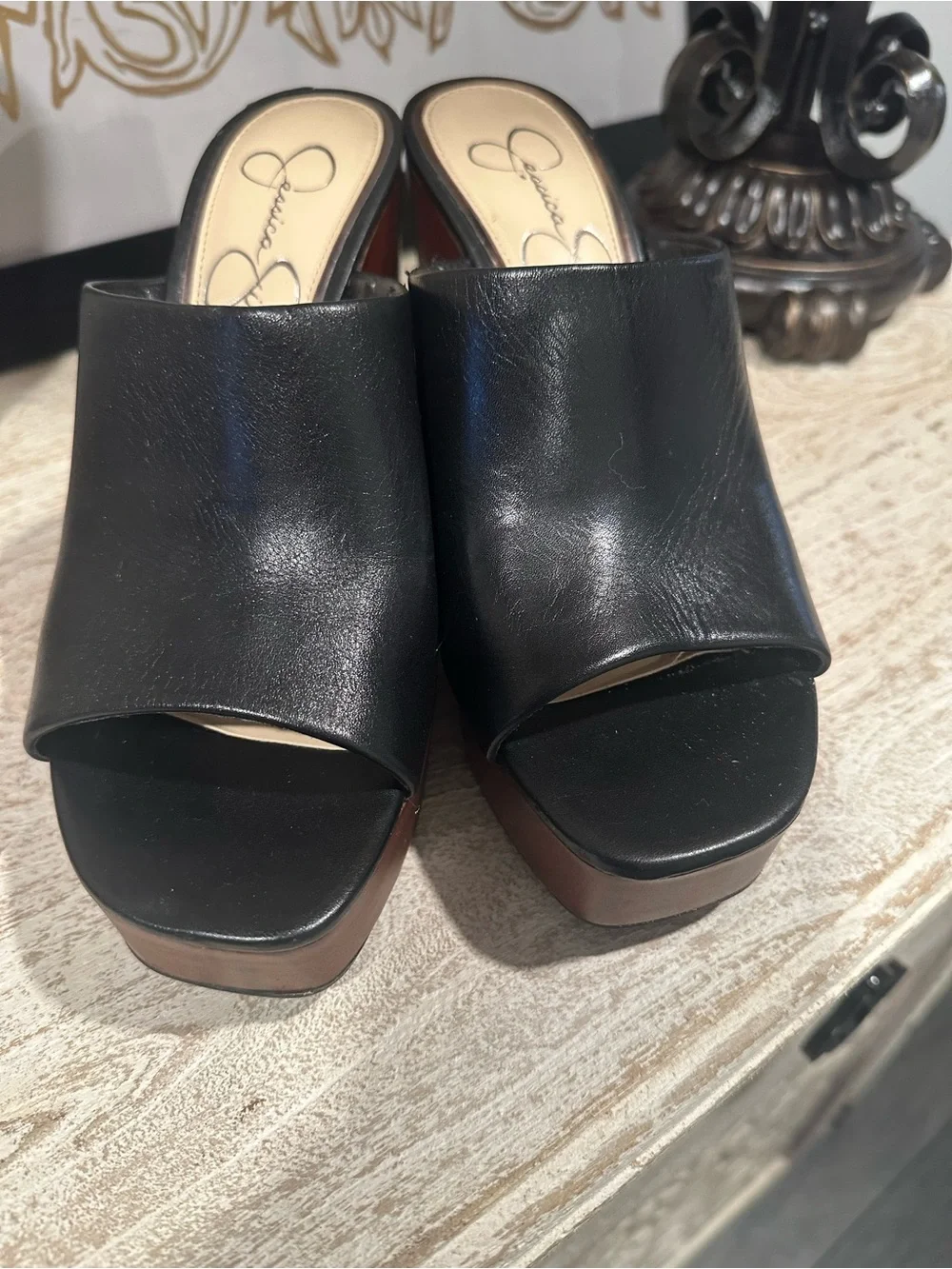 Jessica Simpson Black Leather Platform Wedge  Sandals Faux Wood Heel Size 7.5
